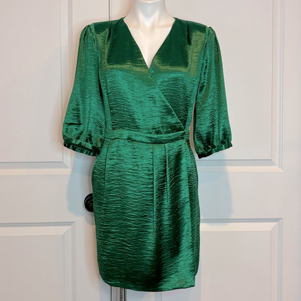 ba&sh Camil Green Short Sleeve Wrap Textured Satin Cocktail Dress 8 - Picture 2 of 13